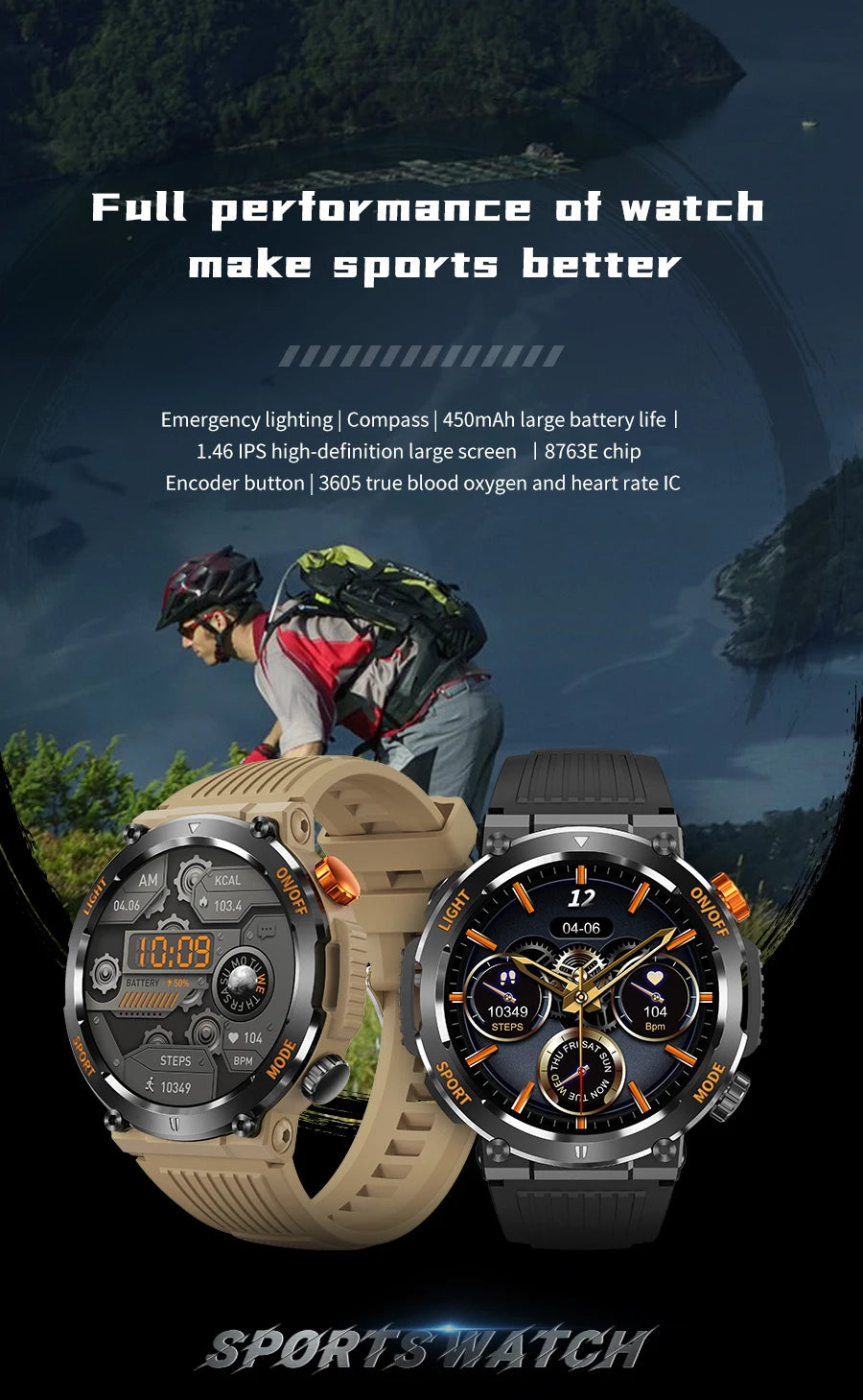 HT17 Smart Watch Men With Led Flash Light Compass Health tracker BlueTooth Call 450mAh Battery Smartwatch For Men Solid Outdoor