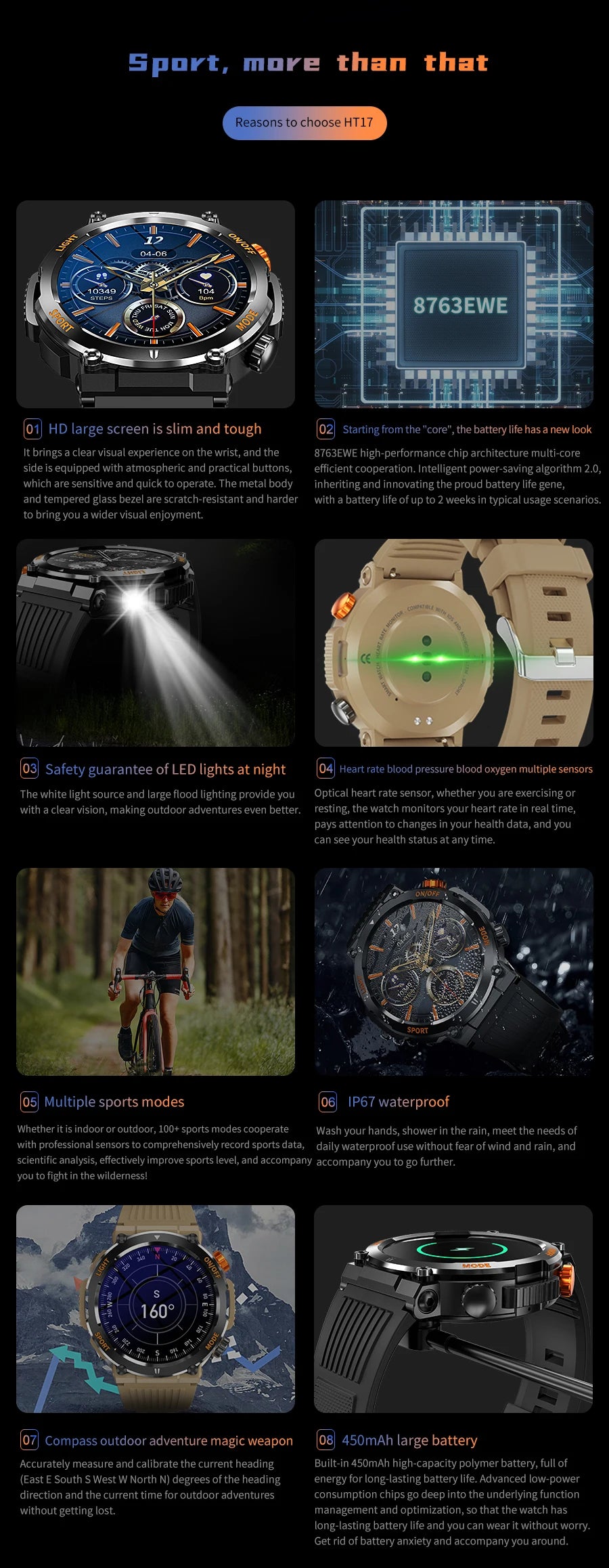 HT17 Smart Watch Men With Led Flash Light Compass Health tracker BlueTooth Call 450mAh Battery Smartwatch For Men Solid Outdoor