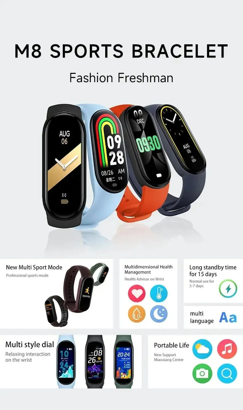 2024 M8 Smart Watch Color Screen Step Counting Multi Sport Mode Message Reminder Photography Music Remote Control Smart Band