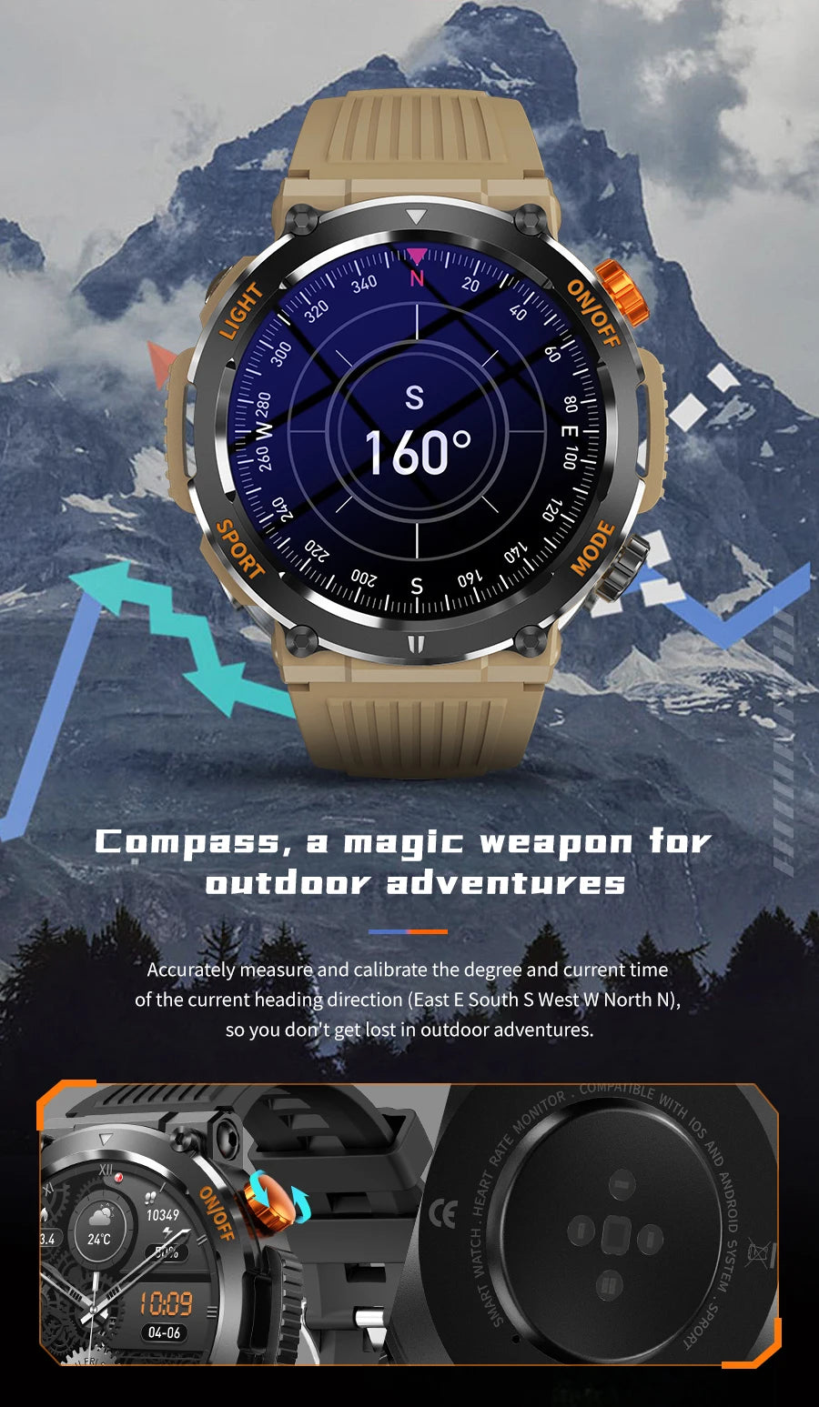 HT17 Smart Watch Men With Led Flash Light Compass Health tracker BlueTooth Call 450mAh Battery Smartwatch For Men Solid Outdoor