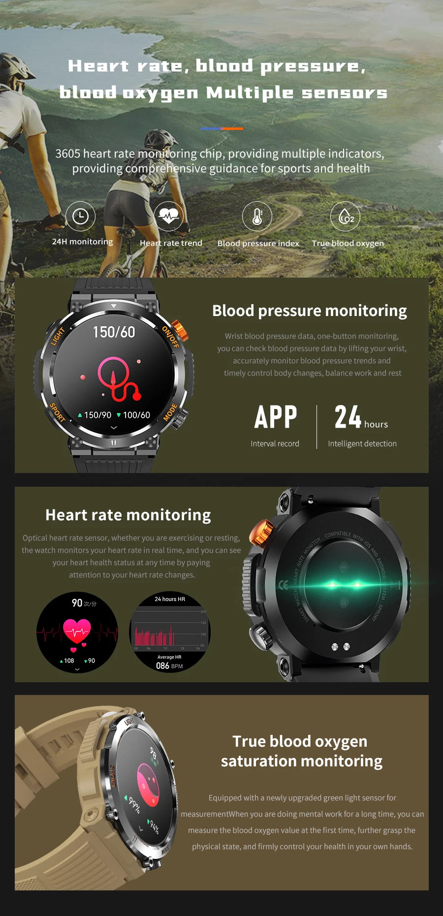 HT17 Smart Watch Men With Led Flash Light Compass Health tracker BlueTooth Call 450mAh Battery Smartwatch For Men Solid Outdoor