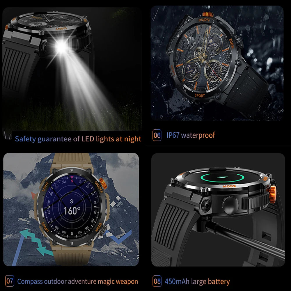 HT17 Smart Watch Men With Led Flash Light Compass Health tracker BlueTooth Call 450mAh Battery Smartwatch For Men Solid Outdoor