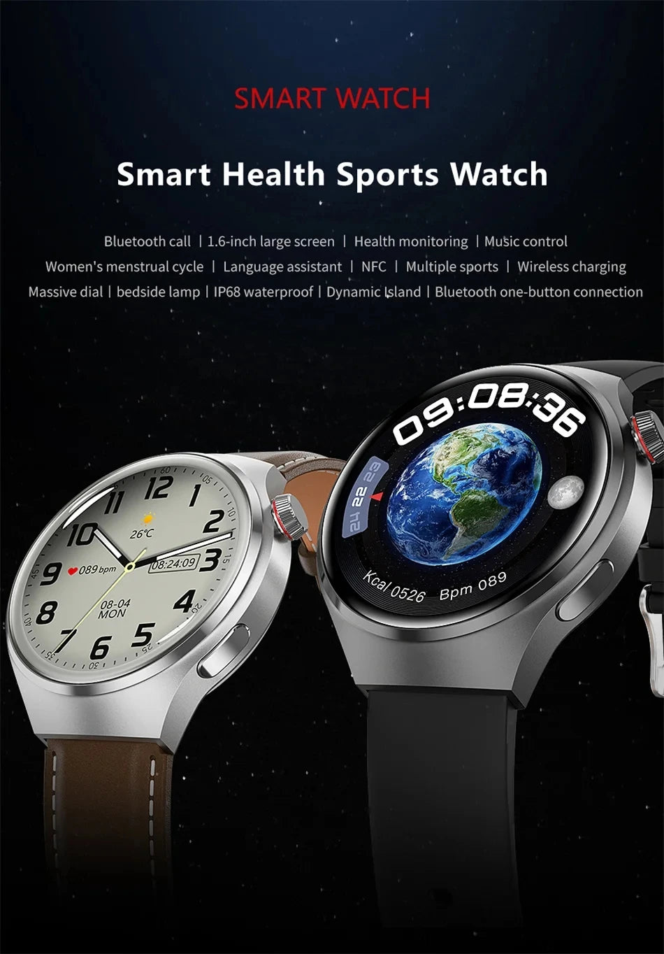 Black Watch For Tecno Pop 8 Infinix  Smart Watch Men AMOLED HD Screen Bluetooth Call NFC Health GPS Sport Smartwatch Women 2024