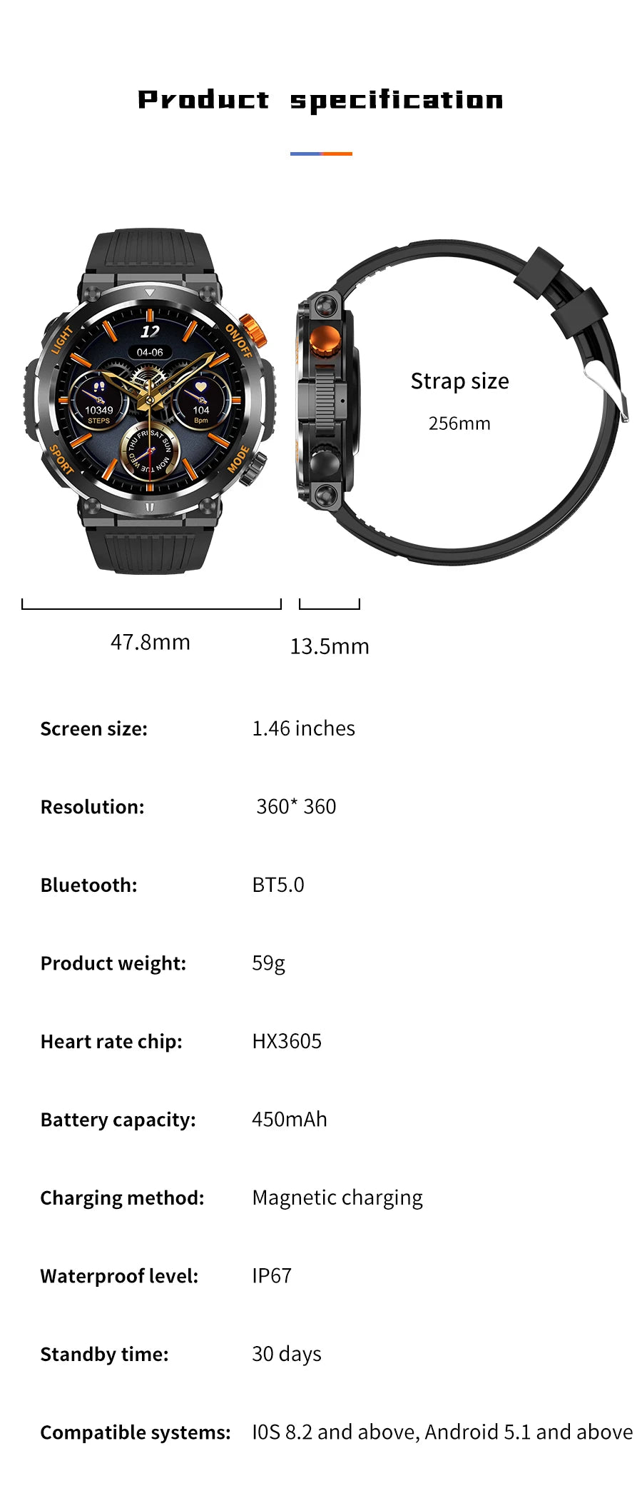 HT17 Smart Watch Men With Led Flash Light Compass Health tracker BlueTooth Call 450mAh Battery Smartwatch For Men Solid Outdoor