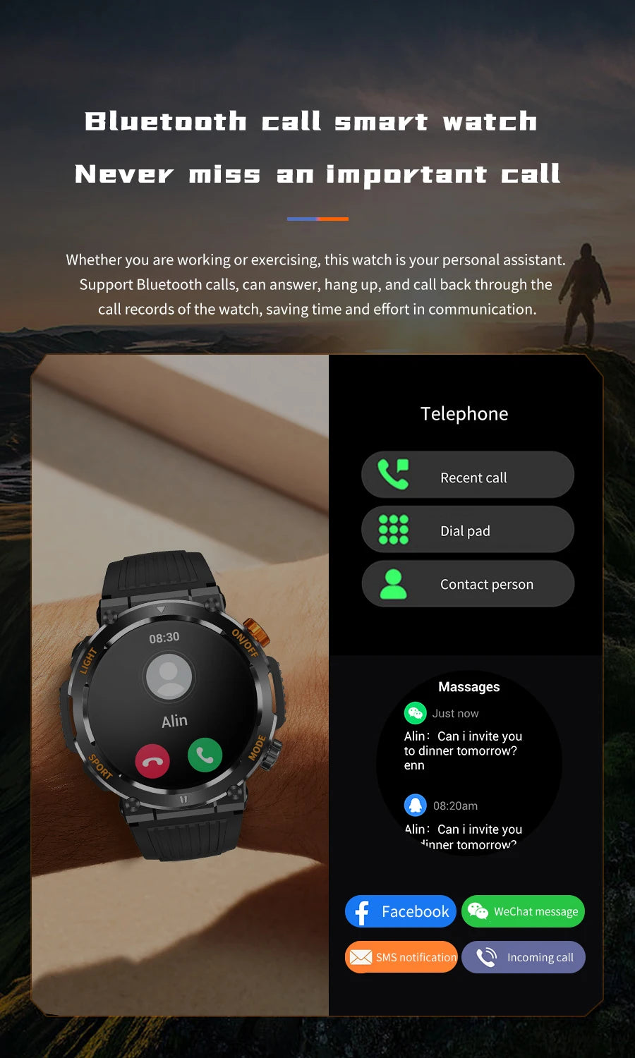 HT17 Smart Watch Men With Led Flash Light Compass Health tracker BlueTooth Call 450mAh Battery Smartwatch For Men Solid Outdoor